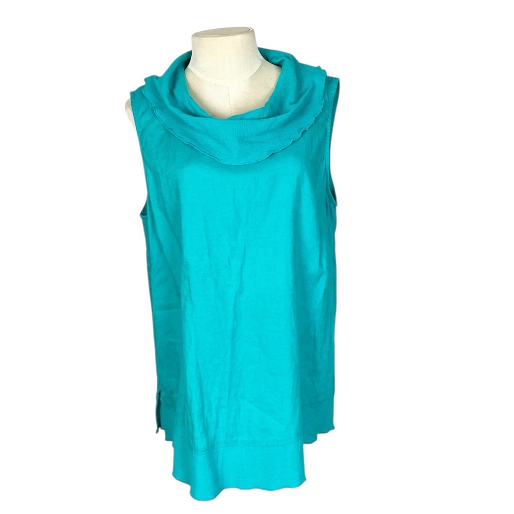 Ali Miles Linen cotton top sleeveless cowl neck size L turquoise lagenlook layer